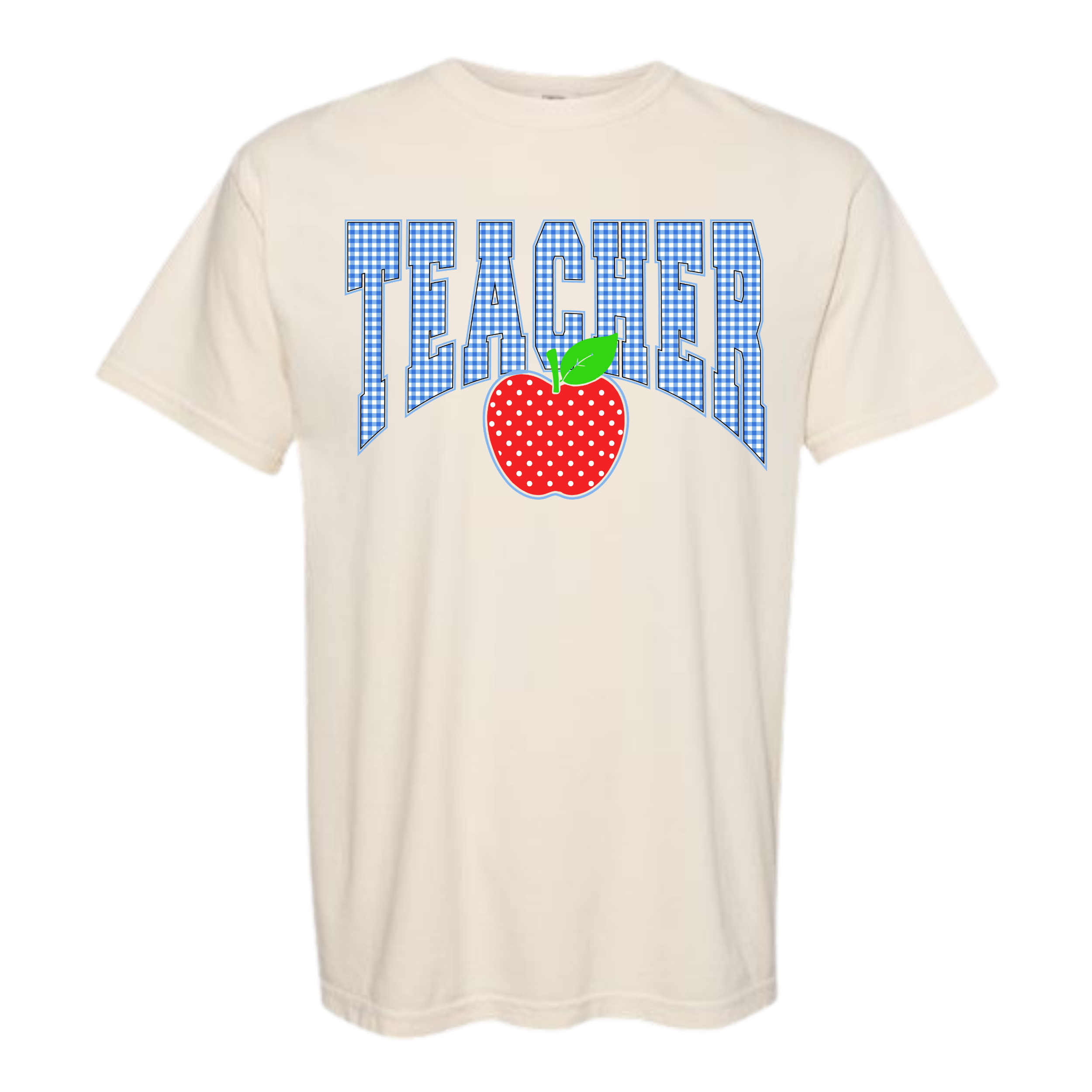 Gingham Teacher with Apple on Ivory Comfort Color Tee